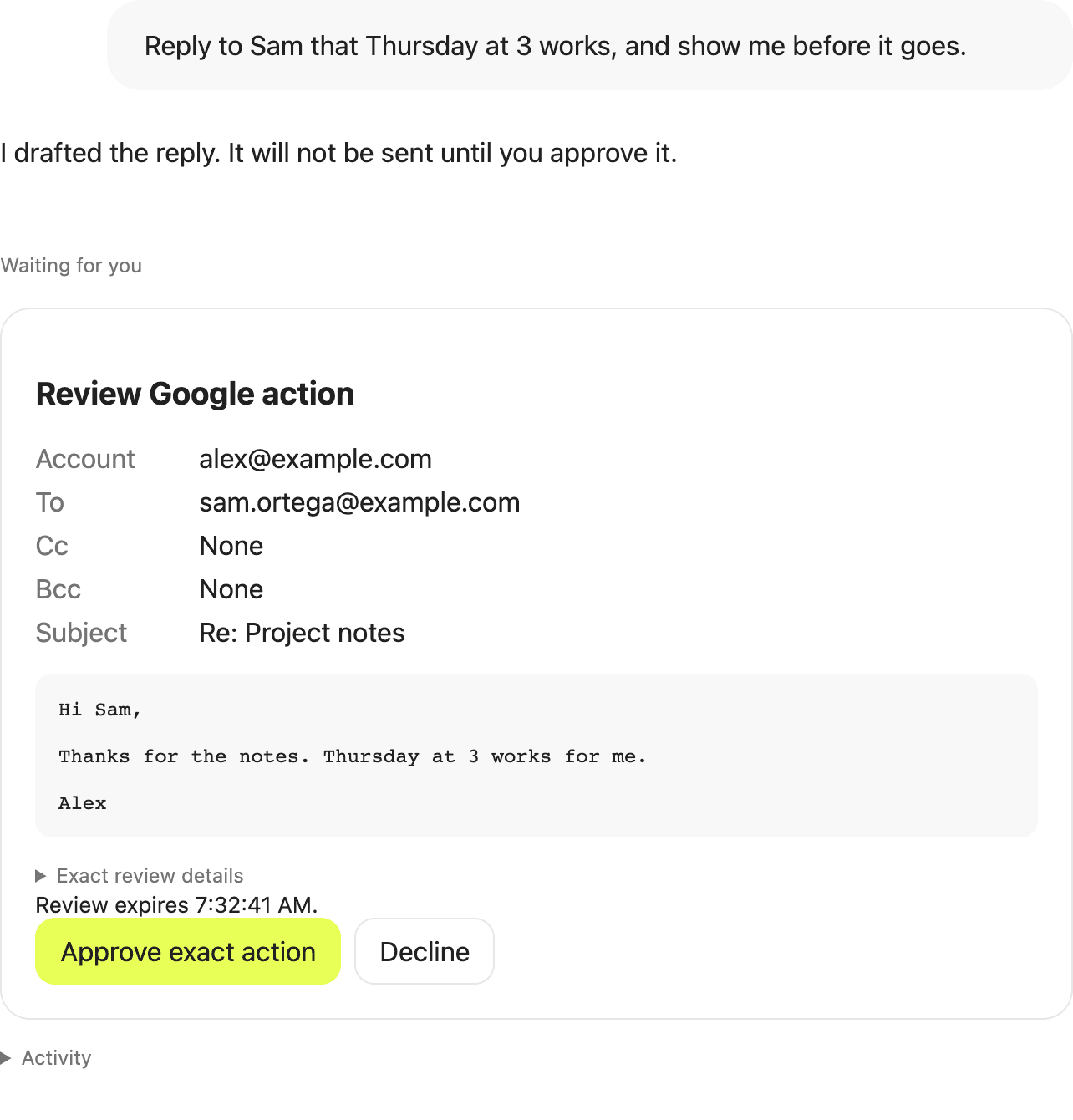 Aven showing an exact email for review before sending