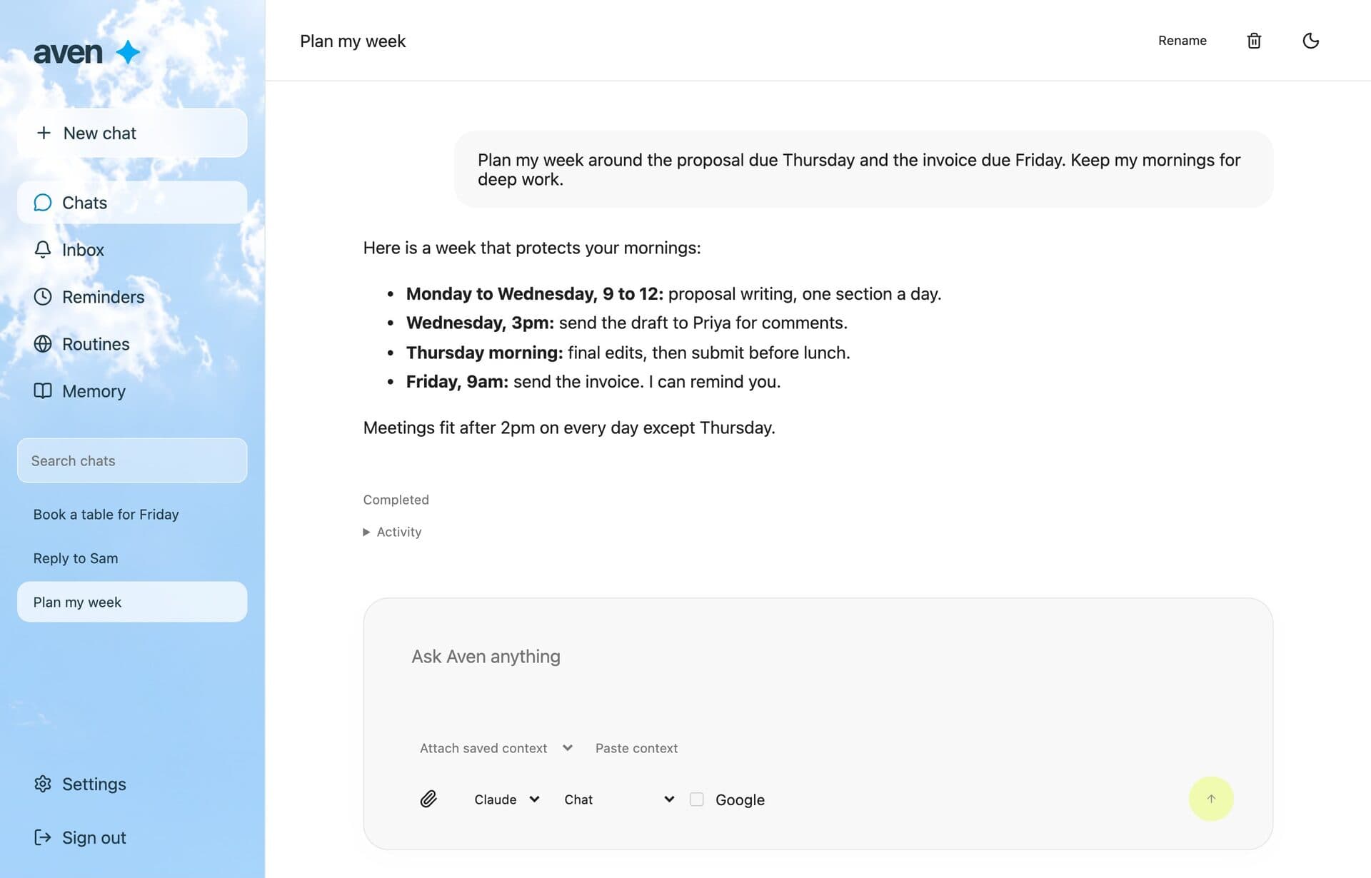 An Aven chat planning a week around two deadlines