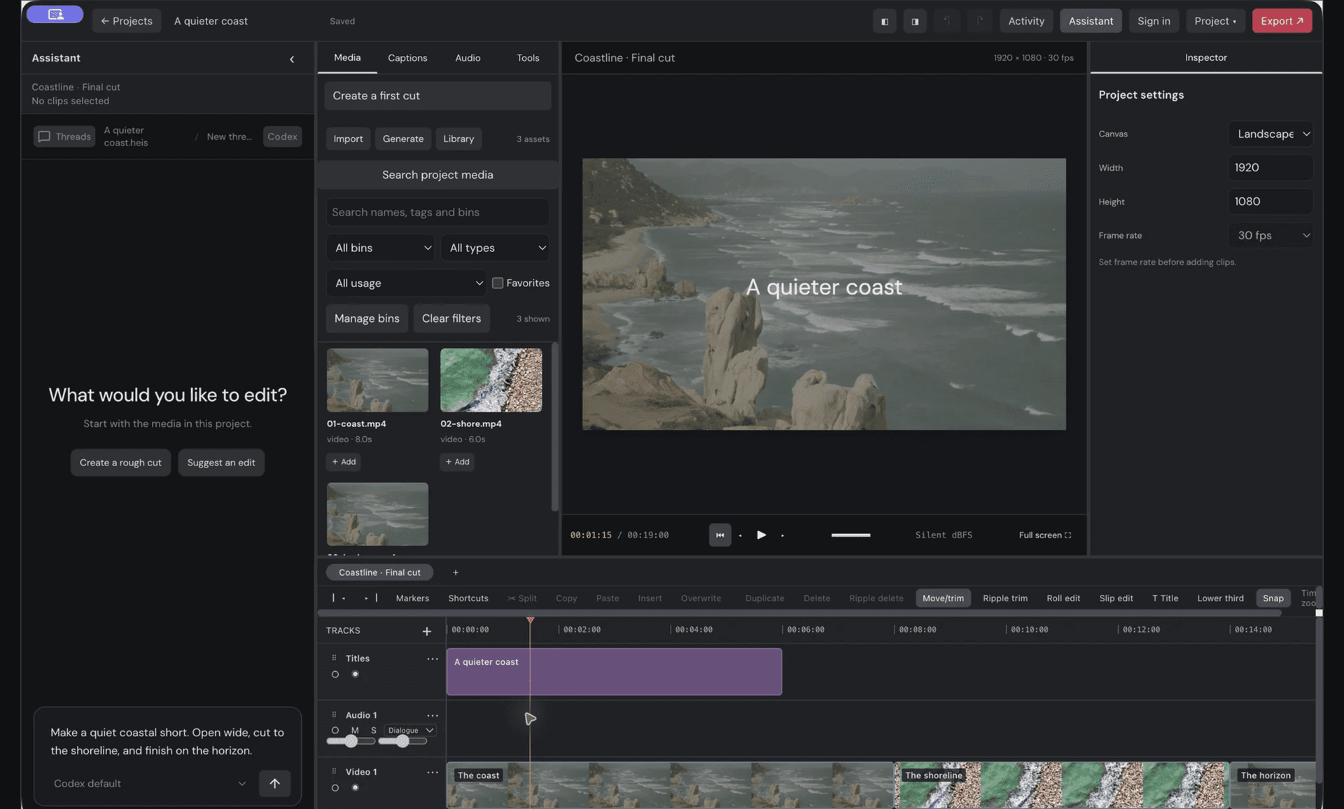 The Heis editor with the assistant panel, media bin, preview, and timeline