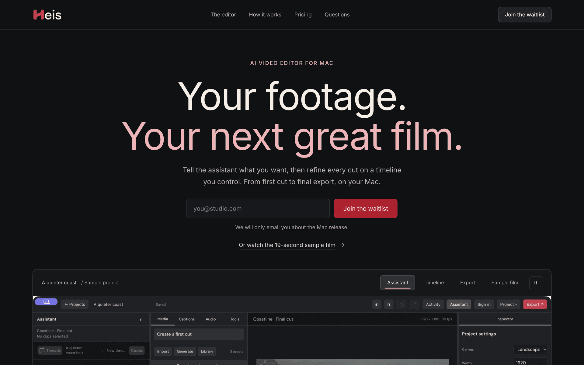 Heis landing page introducing its AI video editor for Mac
